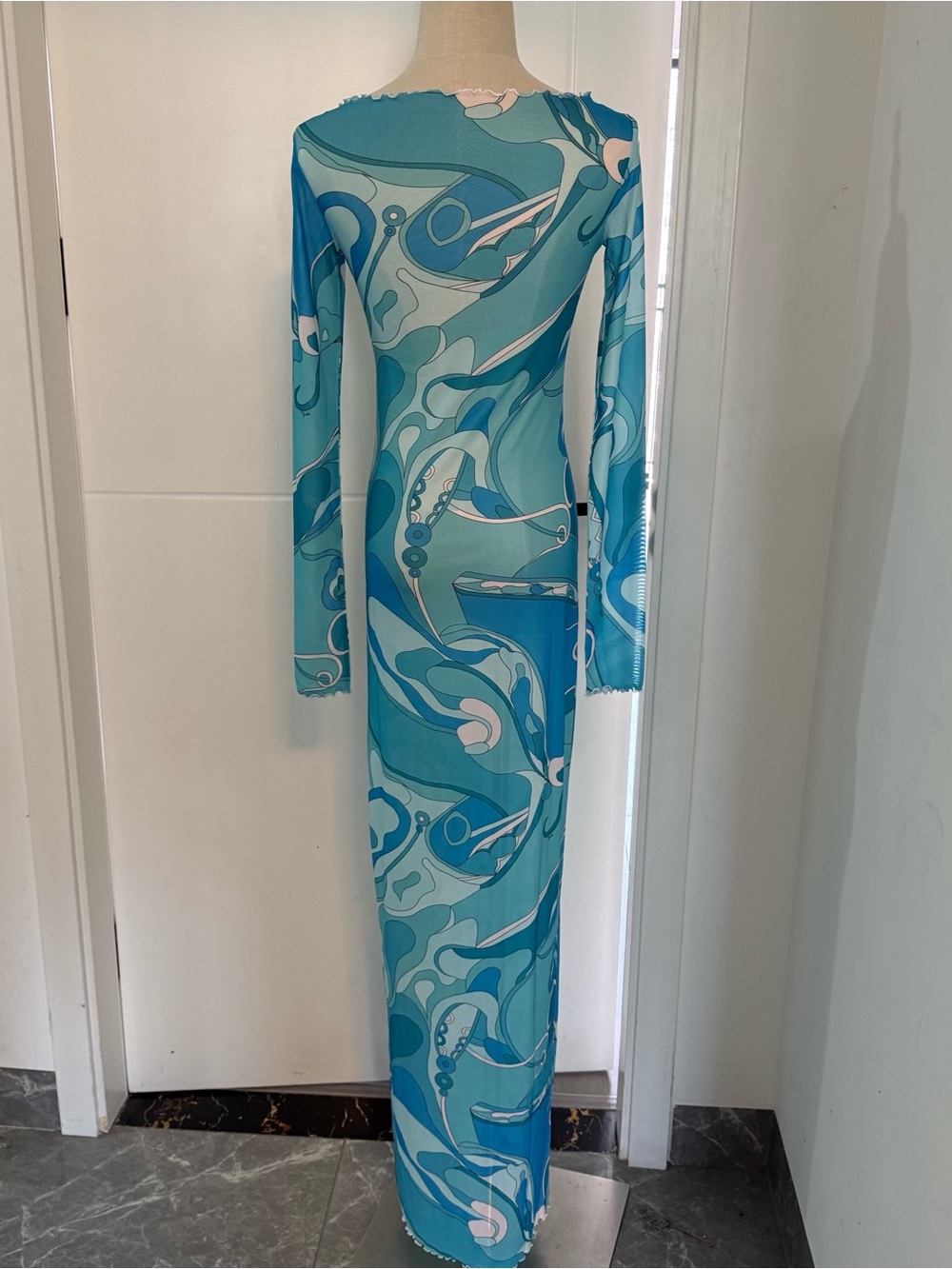 Emilio Pucci Turquoise and Aqua Printed Long-Sleeve Maxi Dress - Picture 4 of 10
